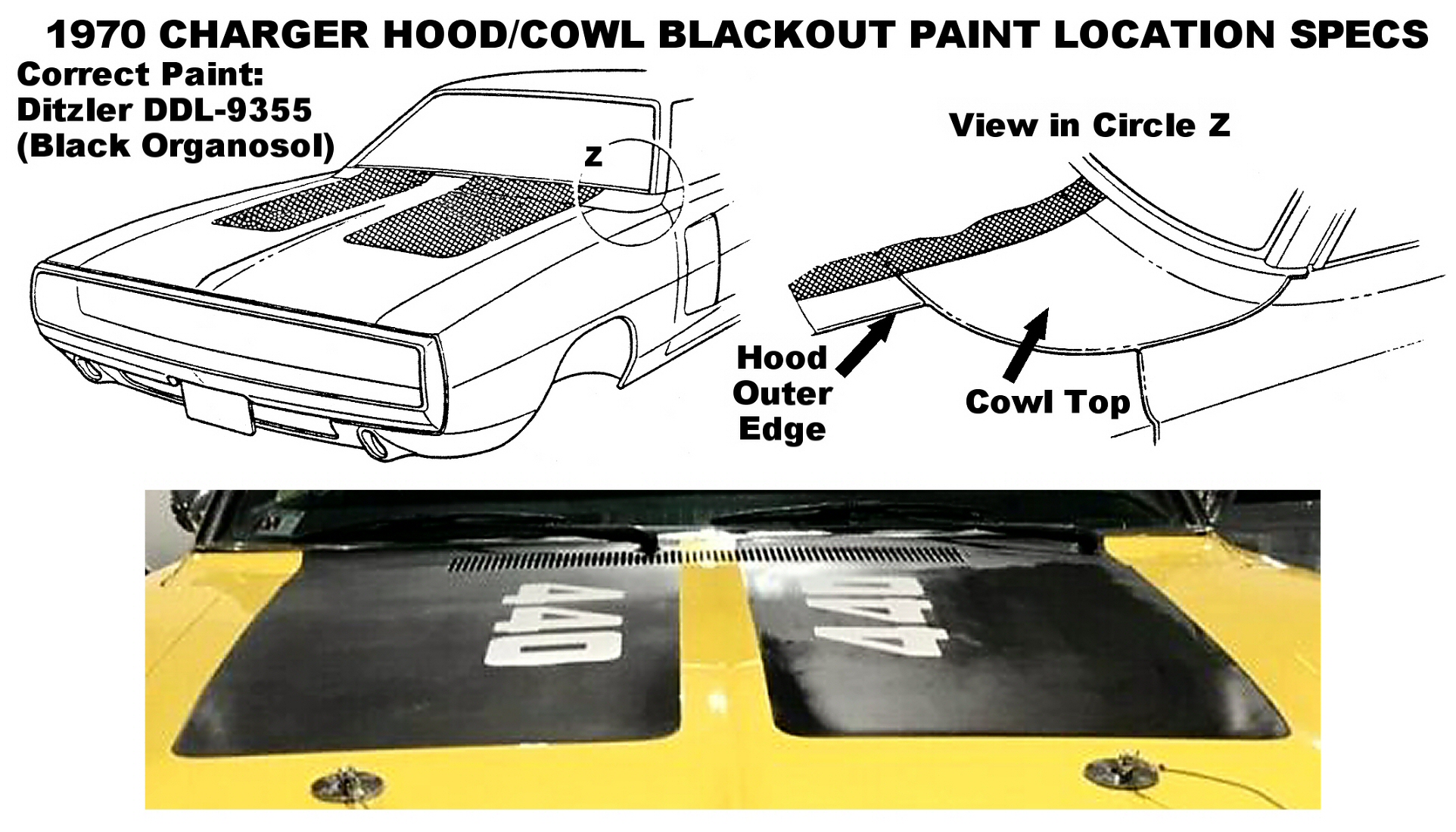 1970 Dodge Charger Hood/Cowl Paint Location Specs Diagrams